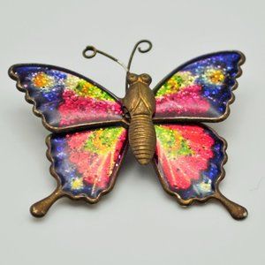Vintage Butterfly Brooch Coated Multicolor w/ Sparkles Gold Tone Metal Setting